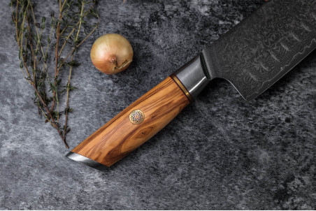 Couteau santoku Fukito Olive Damas 14Cr - lame acier alvéolée 18cm
