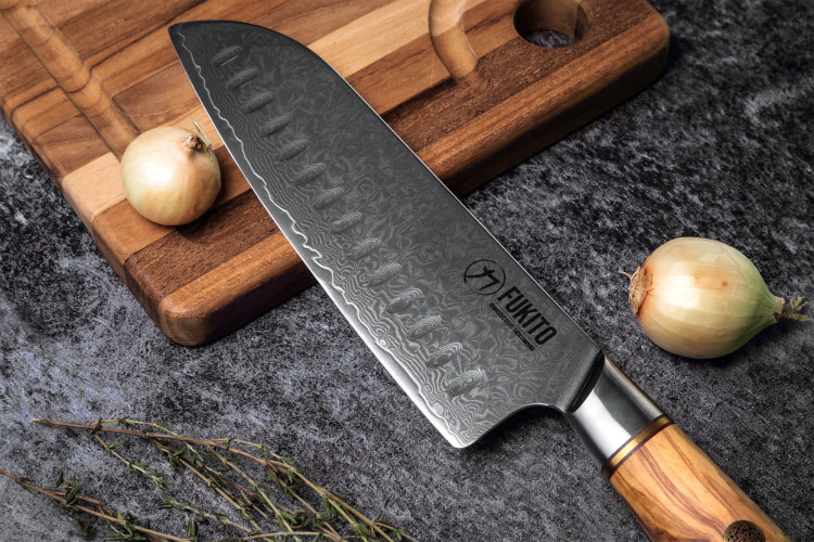 Couteau santoku Fukito Olive Damas 14Cr - lame acier alvéolée 18cm