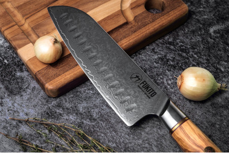 Couteau santoku Fukito Olive Damas 14Cr - lame acier alvéolée 18cm