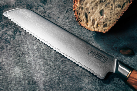 Couteau à pain Fukito Olive Damas 14Cr - lame dentée acier 21cm