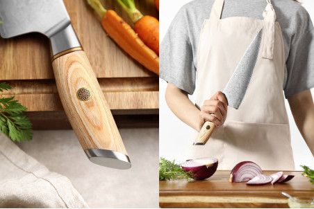 Couteau de chef Fukito Pakka San Mai lame inox 21cm manche bois de Pakka