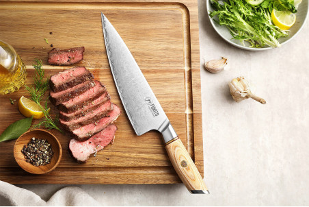 Couteau de chef Fukito Pakka San Mai lame inox 21cm manche bois de Pakka
