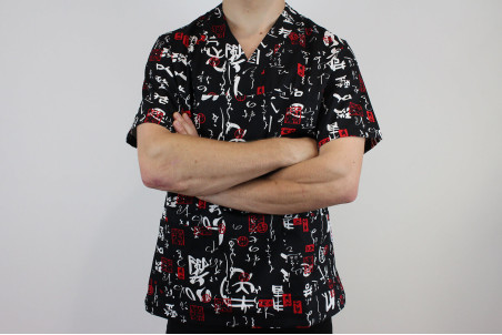Veste de cuisine manches courtes Egochef Leonardo motifs japonais 100% coton