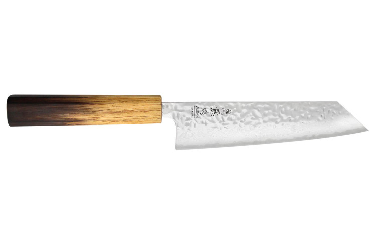 Couteau japonais artisanal bunka Wusaki Yaketa AUS10 lame damassée martelée 17cm