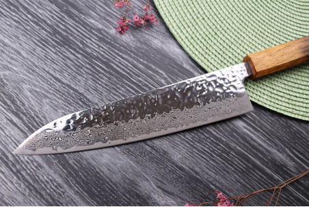Couteau de chef japonais artisanal Wusaki Yaketa AUS10 lame damassée martelée 21cm
