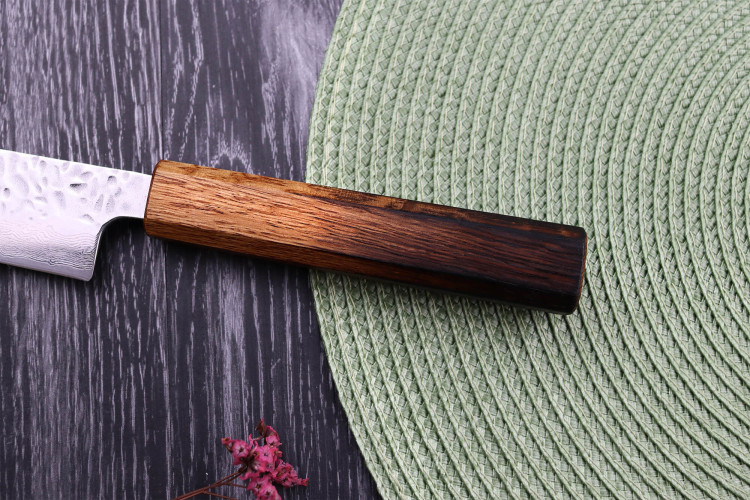 Couteau japonais artisanal sujihiki Wusaki Yaketa AUS10 lame damassée martelée 24cm