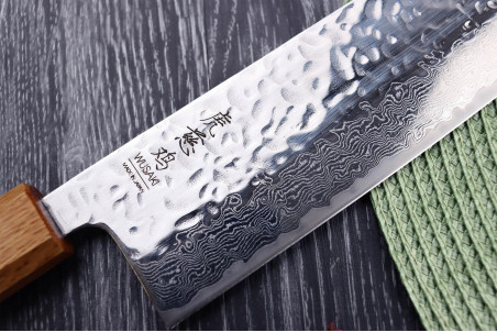 Couteau japonais artisanal nakiri Wusaki Yaketa AUS10 lame damassée martelée 16,5cm