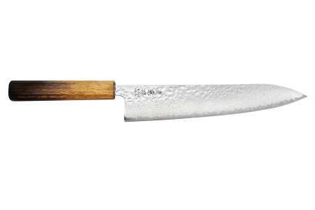 Couteau de chef japonais artisanal Wusaki Yaketa AUS10 lame damassée martelée 24cm