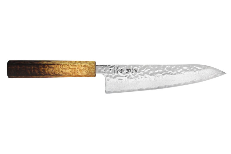 Couteau de chef japonais artisanal Wusaki Yaketa AUS10 lame damassée martelée 18cm