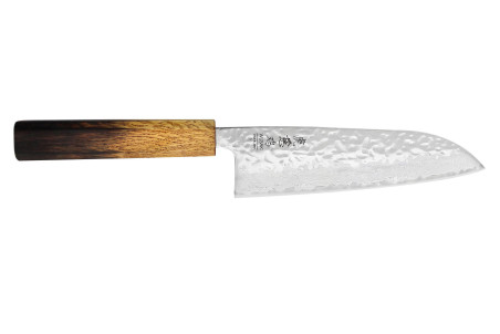 Couteau santoku japonais artisanal Wusaki Yaketa AUS10 lame damassée martelée 16,5cm