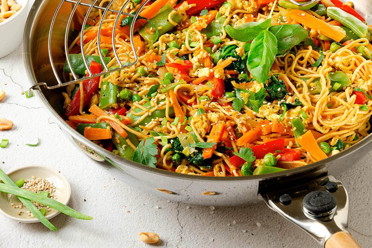 Wok en acier inox Mastrad O'Wok Gourmet avec grille et poignée amovible