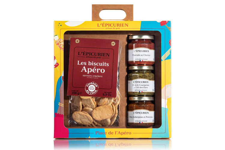 Coffret cadeau L'Épicurien Place de l'apéro - Biscuits apéritifs + 3 tartinables de 100g