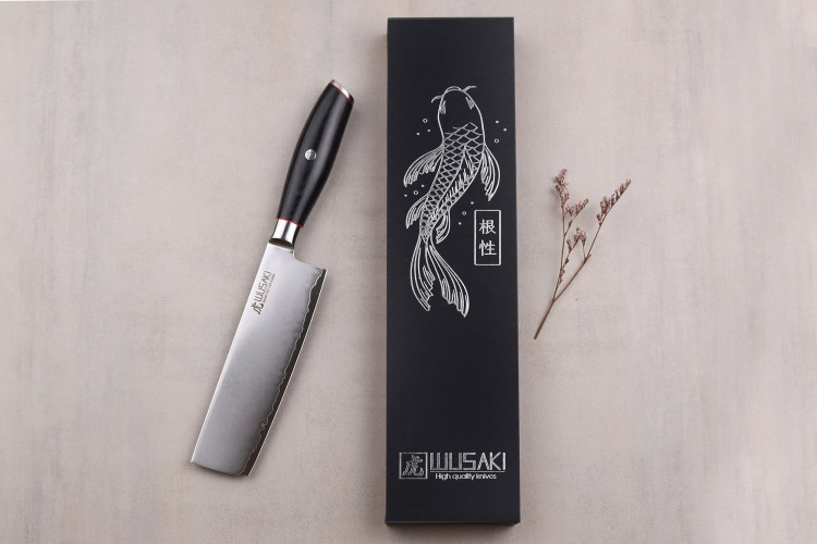 Couteau nakiri Wusaki Fujiko Black 10CR manche pakka - lame damas 17cm