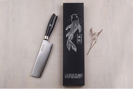 Couteau nakiri Wusaki Fujiko Black 10CR manche pakka - lame damas 17cm