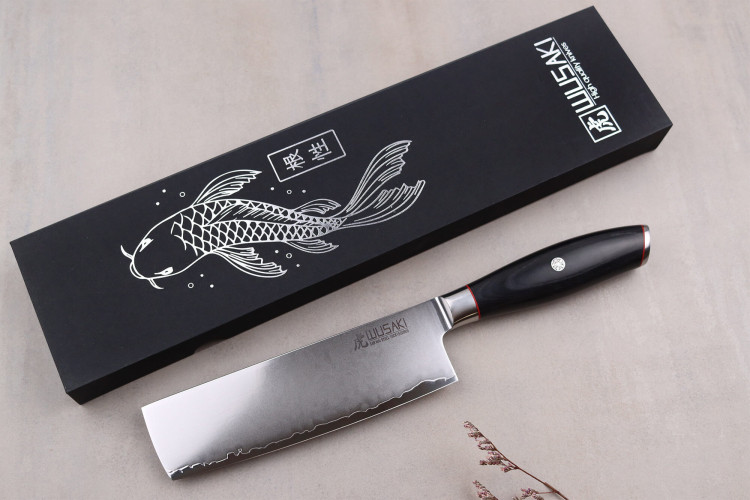 Couteau nakiri Wusaki Fujiko Black 10CR manche pakka - lame damas 17cm