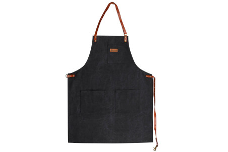 Tablier cuisinier Wusaki en toile noire charbon et attaches en cuir - 83x67,5cm