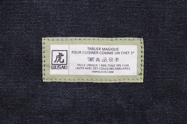Tablier cuisinier Wusaki en toile noire charbon et attaches en cuir - 83x67,5cm