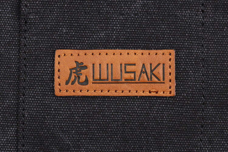 Tablier cuisinier Wusaki en toile noire charbon et attaches en cuir - 83x67,5cm