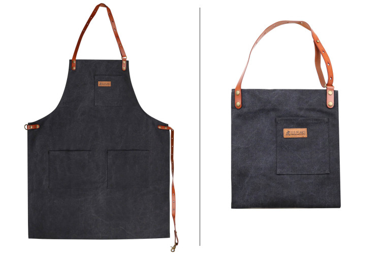 Tablier cuisinier Wusaki en toile noire charbon et attaches en cuir - 83x67,5cm
