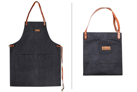 Tablier cuisinier Wusaki en toile noire charbon et attaches en cuir - 83x67,5cm