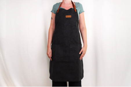 Tablier cuisinier Wusaki en toile noire charbon et attaches en cuir - 83x67,5cm
