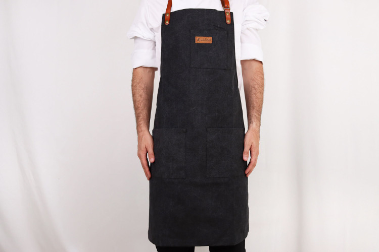 Tablier cuisinier Wusaki en toile noire charbon et attaches en cuir - 83x67,5cm