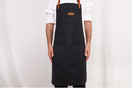 Tablier cuisinier Wusaki en toile noire charbon et attaches en cuir - 83x67,5cm