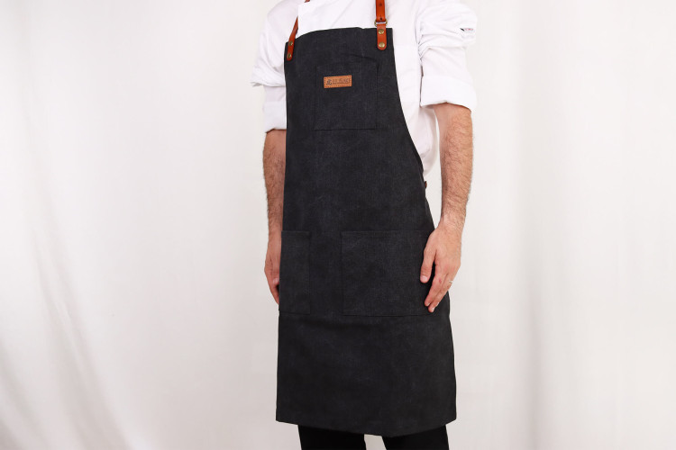 Tablier cuisinier Wusaki en toile noire charbon et attaches en cuir - 83x67,5cm