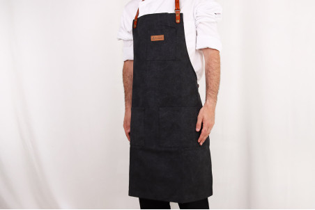 Tablier cuisinier Wusaki en toile noire charbon et attaches en cuir - 83x67,5cm