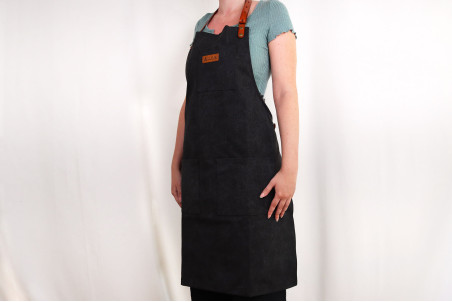 Tablier cuisinier Wusaki en toile noire charbon et attaches en cuir - 83x67,5cm