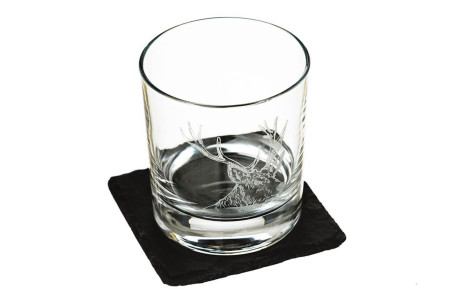 Verre à whisky original Selbrae House avec dessous de verre - Motif cerf