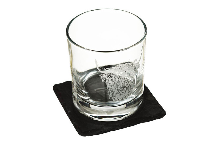Verre à whisky original Selbrae House avec dessous de verre - Motif vache