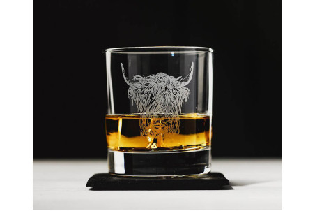 Verre à whisky original Selbrae House avec dessous de verre - Motif vache