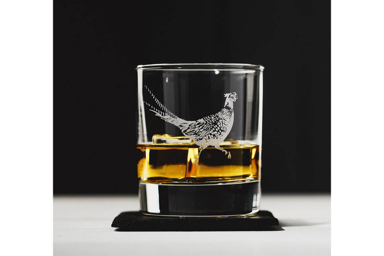 Verre à whisky original Selbrae House avec dessous de verre - Motif faisan