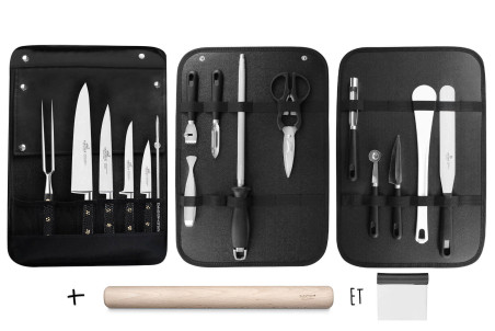 Sac à dos pour ustensiles Sabatier Chef 4 couteaux de cuisine français + 14 ustensiles