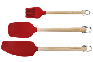 Set d'ustensiles de cuisine Kitchen Aid en bois de bouleau et silicone rouge - 3 pièces