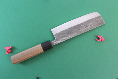 Couteau nakiri japonais traditionnel Wusaki Nakata BS2 manche en noyer - Lame San Mai 16,5cm