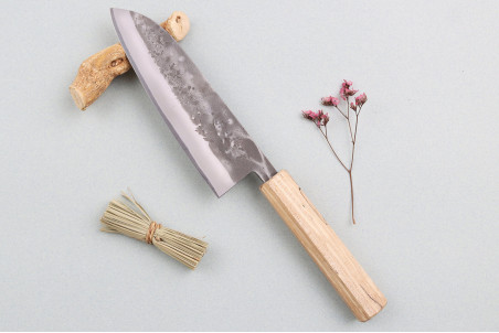 Couteau santoku japonais traditionnel Wusaki Nakata Erable BS2 manche en érable - Lame San Mai 16,5cm