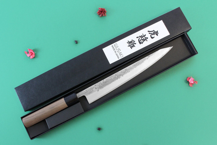 Couteau sujihiki japonais traditionnel Wusaki Nakata BS2 manche en noyer - Lame San Mai 24cm