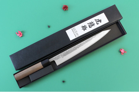 Couteau sujihiki japonais traditionnel Wusaki Nakata BS2 manche en noyer - Lame San Mai 24cm