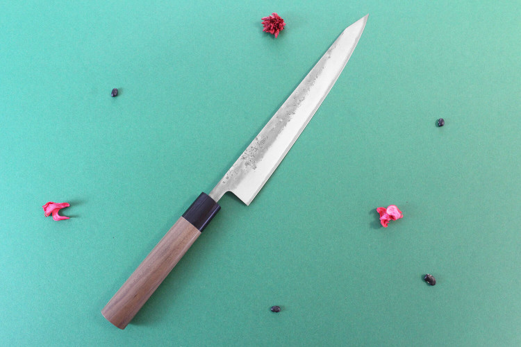 Couteau sujihiki japonais traditionnel Wusaki Nakata BS2 manche en noyer - Lame San Mai 24cm