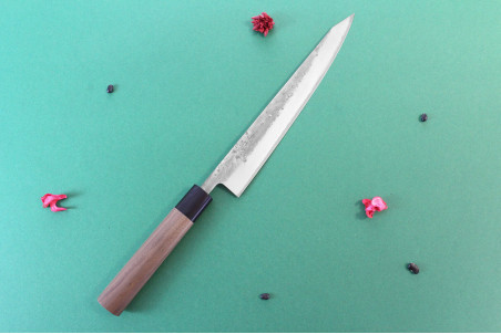 Couteau sujihiki japonais traditionnel Wusaki Nakata BS2 manche en noyer - Lame San Mai 24cm