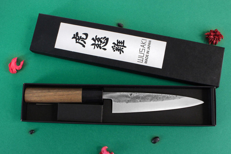Couteau universel japonais traditionnel Wusaki Nakata BS2 manche en noyer - Lame San Mai 13,5cm
