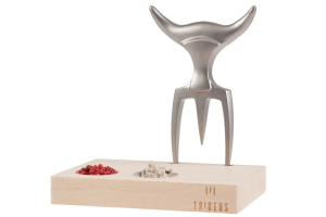 Fourchette à viande Tridens en acier inoxydable brut - Socle en hêtre à empreinte inclus