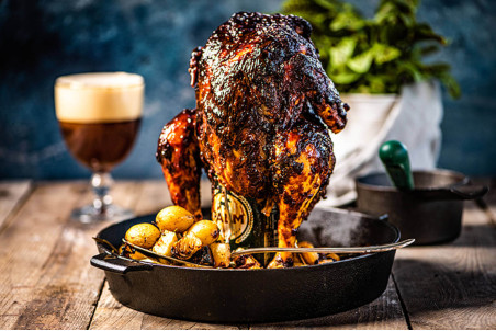 Support à rôtir vertical pour canette de bière et poulet Big Green Egg - Ustensile pliable