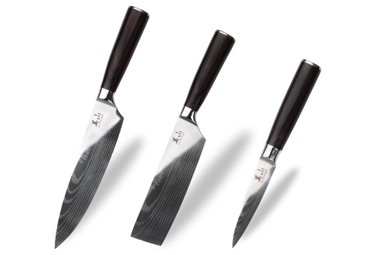 Coffret de couteaux Kutoyama Black Pakka 3 pièces : office + nakiri + chef