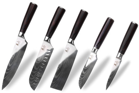 Coffret de couteaux Kutoyama Black Pakka 5 pièces : office + nakiri + chef + 2 santokus