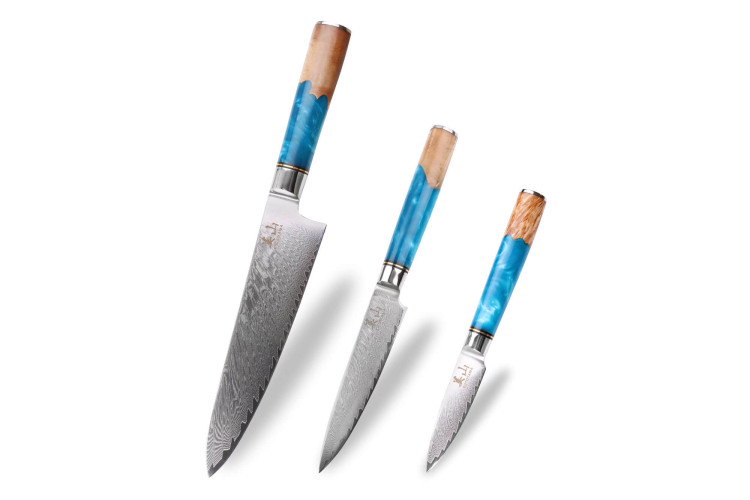 Lot de 3 couteaux de cuisine Kutoyama Damas Azur - Chef + Universel + Office