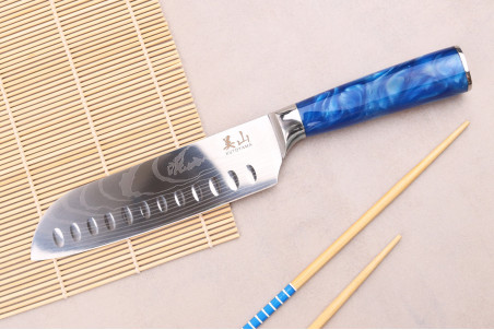 Couteau santoku Kutoyama Blue Wave lame alvéolée 17cm